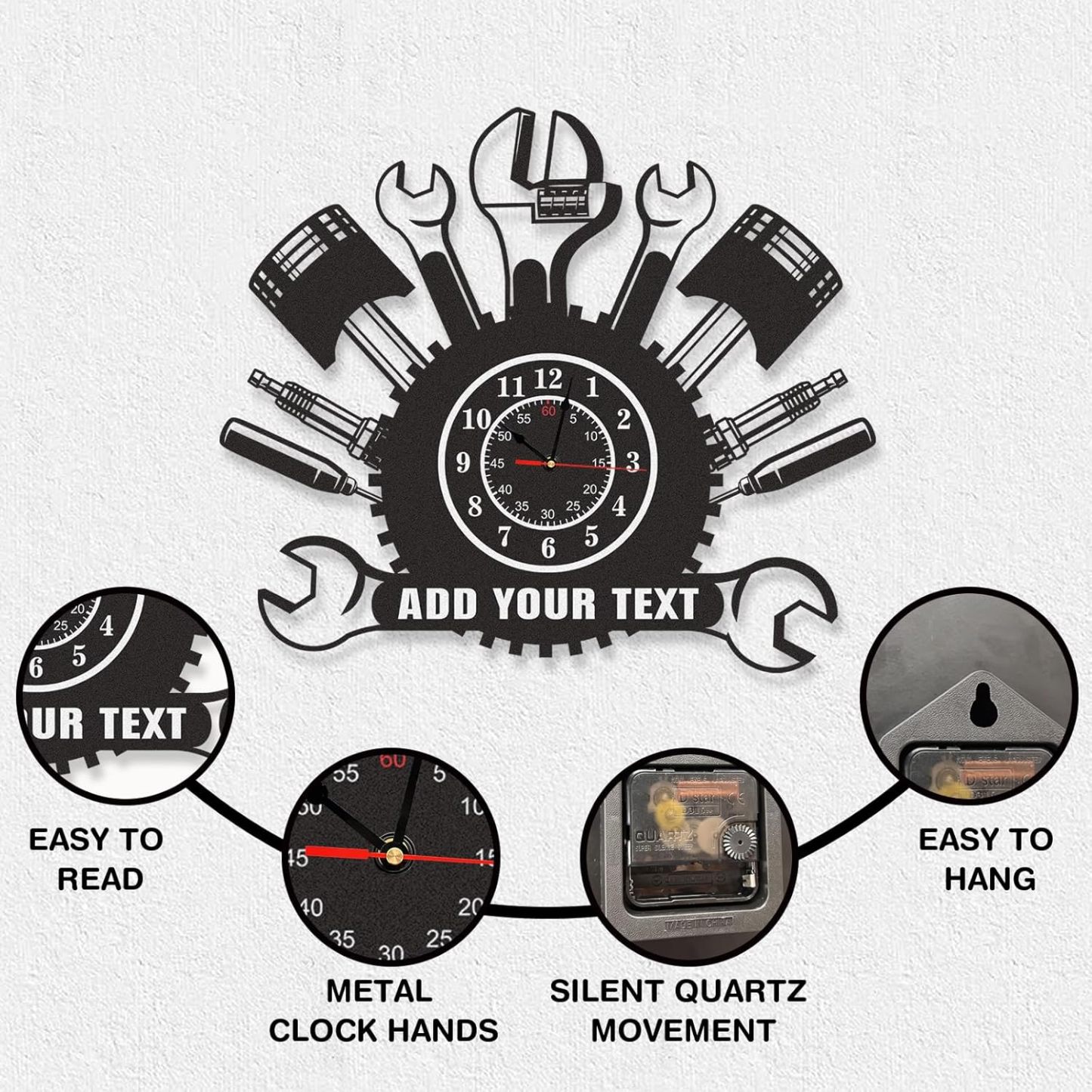 Personalized Large Outdoor Clock, Custom Motorcycle Wall Clock with Name, Modern Metal Wall Art, Battery Operated, Silent Non Ticking Clock for Garage Workshop Farmhouse Man Cave, Gifts for Men