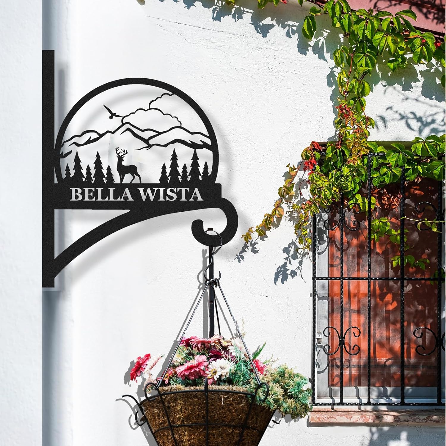 Personalized Iron Hanging Plant Bracket, Customizable Decorative Wall Plant Hanger Indoor Outdoor, Custom Name Bird Feeder Hook, Anti Rust Metal Hook for Wind Chimes Lantern