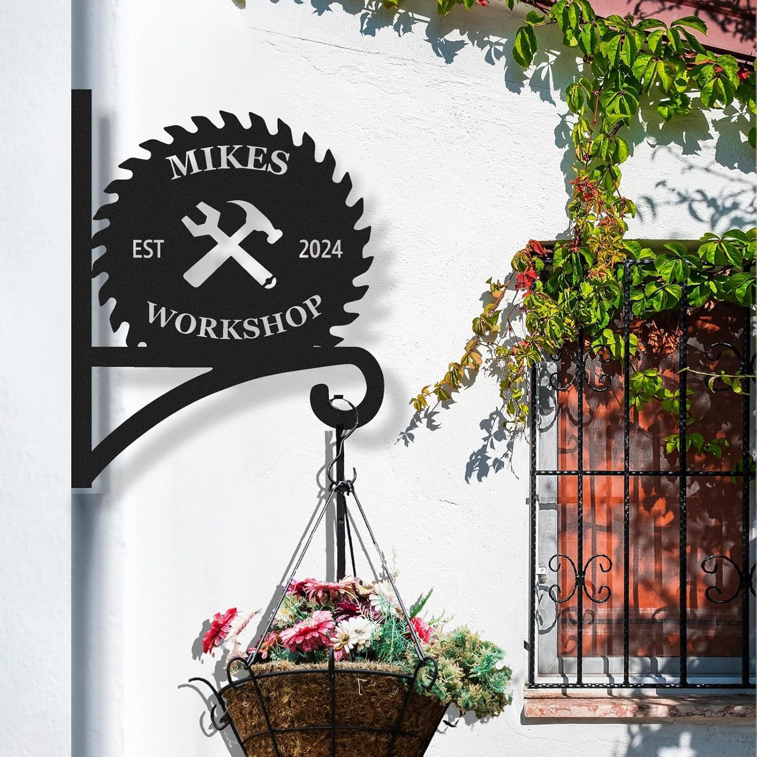 Personalized Work Shop Metal Plant Hanger, Customizable Decorative Wall Hanger Indoor Outdoor-MetalsignX