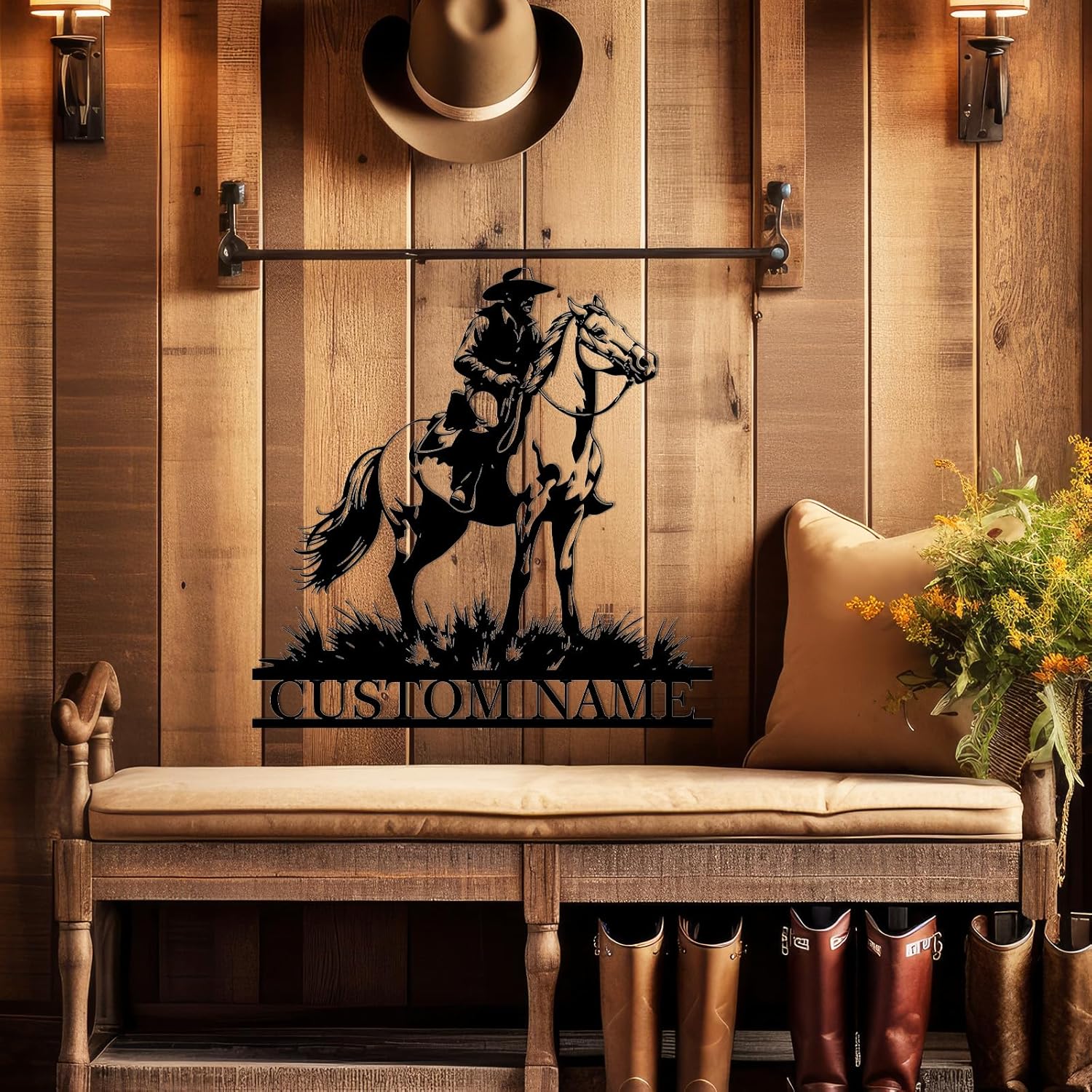 Personalized Western Wall Decor Metal Signs, Rustic Cowboy Couple Silhouette, Cowboy Metal Name Sign Customized, Vintage Howdy Wall Art Gifts for Home Bedroom Speakeasy Decor Color01