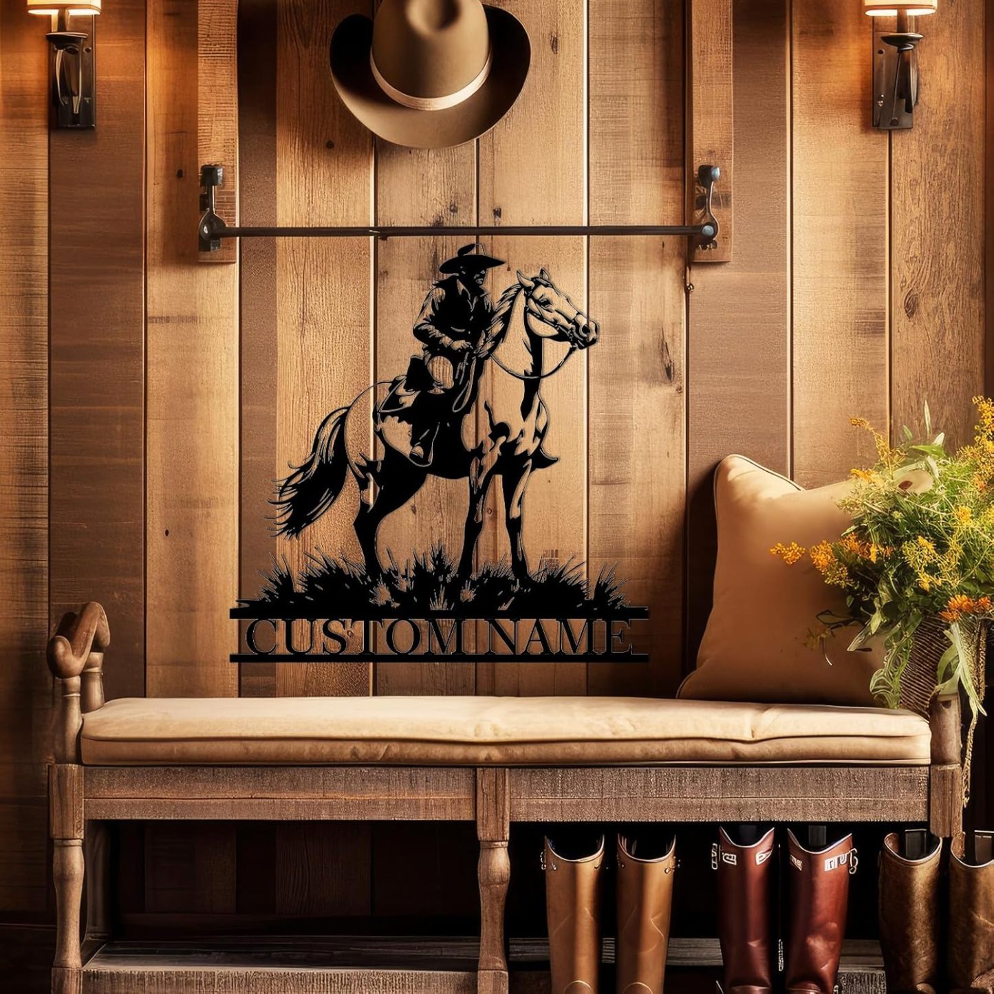 Personalized Western Wall Decor Metal Signs, Rustic Cowboy Couple Silhouette, Cowboy Metal Name Sign Customized, Vintage Howdy Wall Art Gifts for Home Bedroom Speakeasy Decor Color01