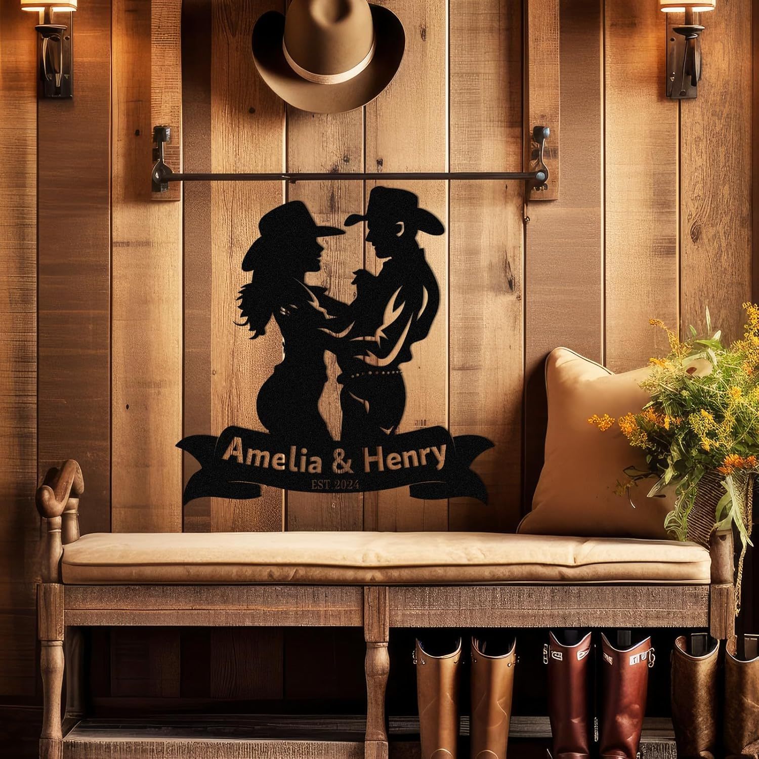 Personalized Western Wall Decor Metal Signs, Rustic Cowboy Couple Silhouette, Cowboy Metal Name Sign Customized, Vintage Howdy Wall Art Gifts for Home Bedroom Speakeasy Decor Color01