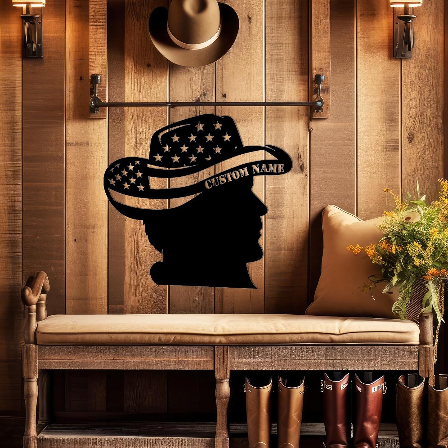 Personalized Western Wall Decor Metal Signs, Rustic Cowboy Couple Silhouette, Cowboy Metal Name Sign Customized, Vintage Howdy Wall Art Gifts for Home Bedroom Speakeasy Decor Color01