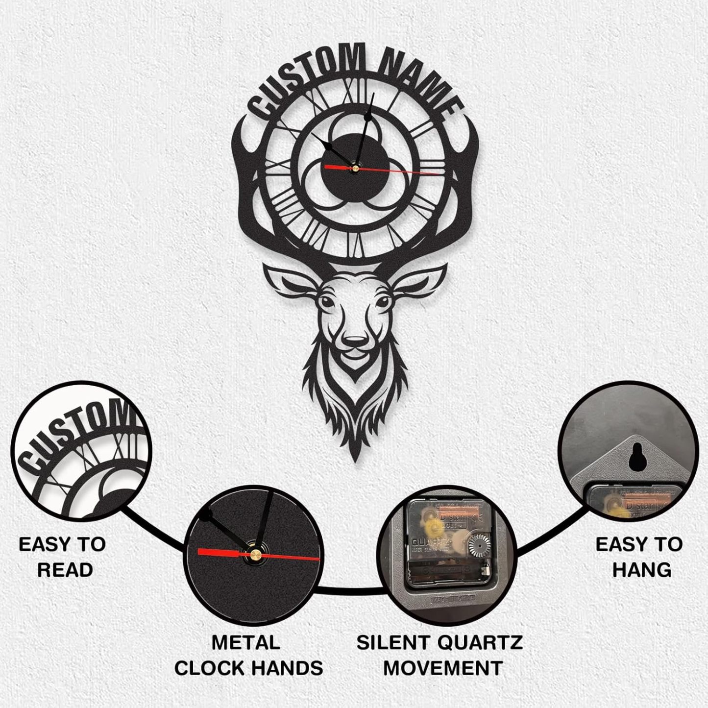 Personalized Large Outdoor Clock, Custom Motorcycle Wall Clock with Name, Modern Metal Wall Art, Battery Operated, Silent Non Ticking Clock for Garage Workshop Farmhouse Man Cave, Gifts for Men