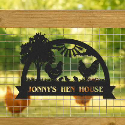 Custom Hen House Sign with Rooster and Chickens, Personalized Farm Scene Metal Decor for Coop or Backyard
