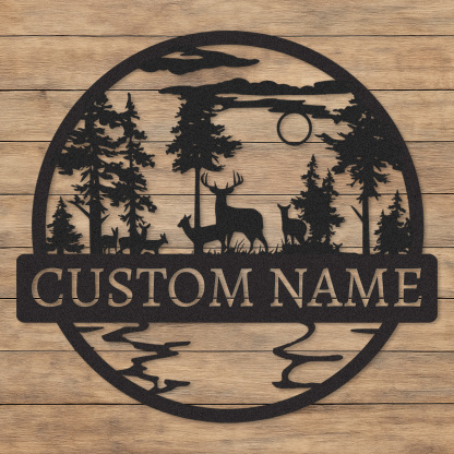 Personalized Wildlife Scene Sign, Deer Family Cabin Name Plaque, Rustic Forest Metal Decor
