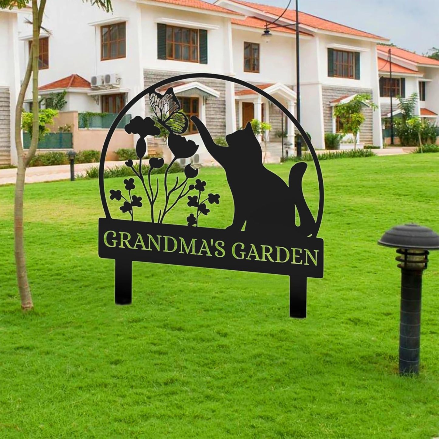 Custom Cat Garden Stake Sign, Funny Personalized Yard Decor, Butterfly & Pet Outdoor Metal Plaque-MetalsignX