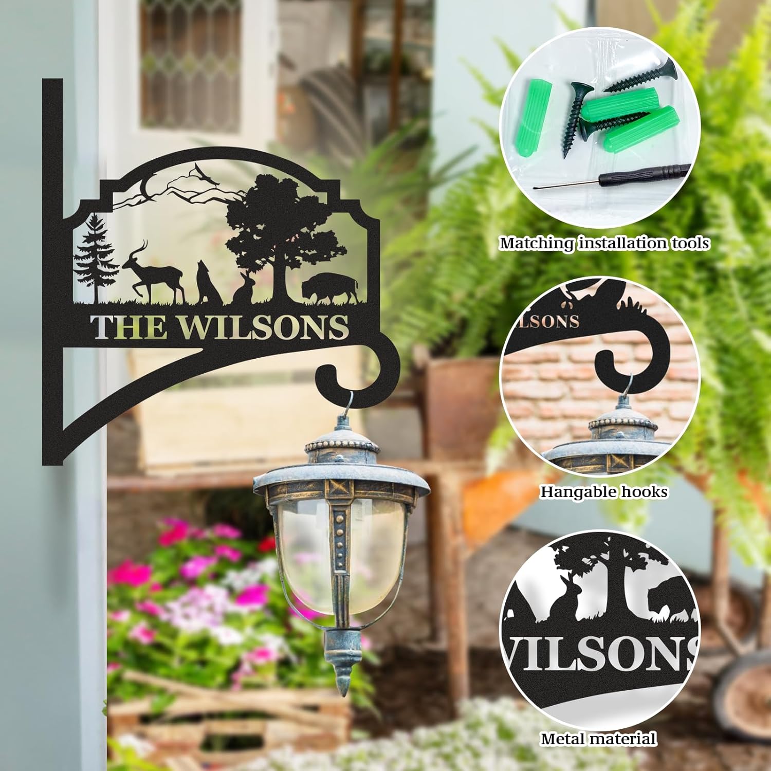 Personalized Iron Hanging Plant Bracket, Customizable Decorative Wall Plant Hanger Indoor Outdoor, Custom Name Bird Feeder Hook, Anti Rust Metal Hook for Wind Chimes Lantern