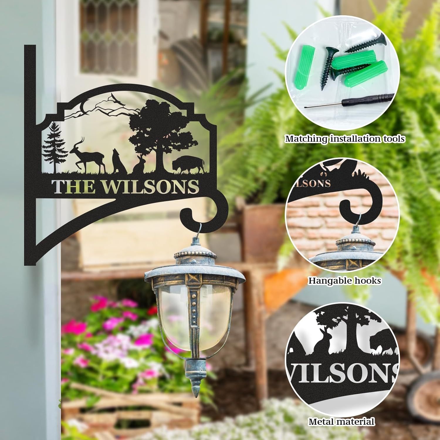 Personalized Iron Hanging Plant Bracket, Customizable Decorative Wall Plant Hanger Indoor Outdoor, Custom Name Bird Feeder Hook, Anti Rust Metal Hook for Wind Chimes Lantern