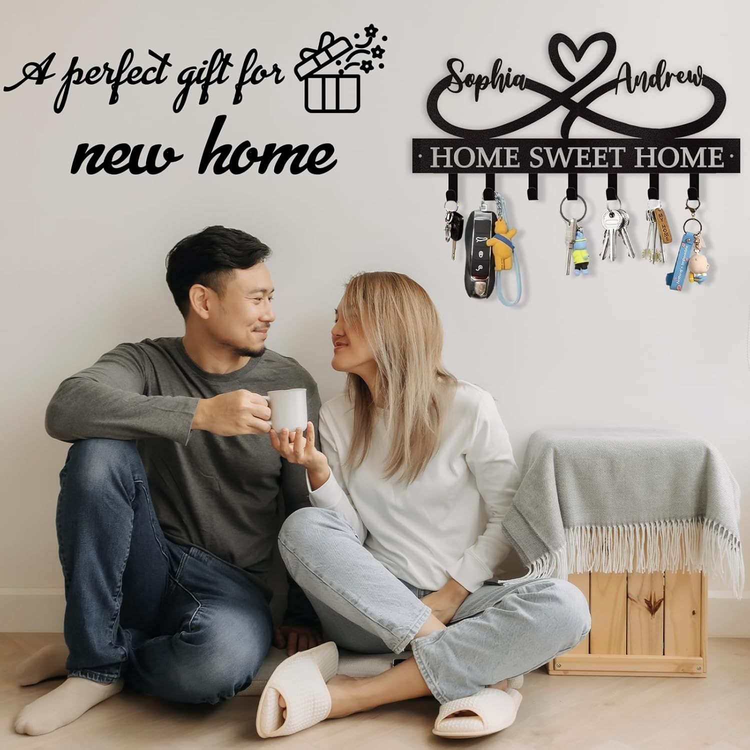 Personalized Key Holder Wall Mounted, Custom Couple's Name Metal Key Holder for Wall-MetalsignX