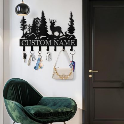Personalized Key Holder for Wall, Custom Forest Deer Coat Rack Wall Hanging-MetalsignX