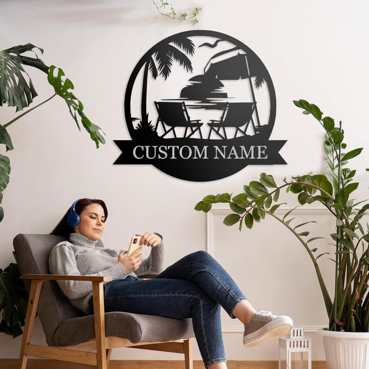 Personalized Metal Beach Signs, Backyard Oasis Sign, Porch Signs Outdoor, Coastal Beach Scene Custom Last Name Sign