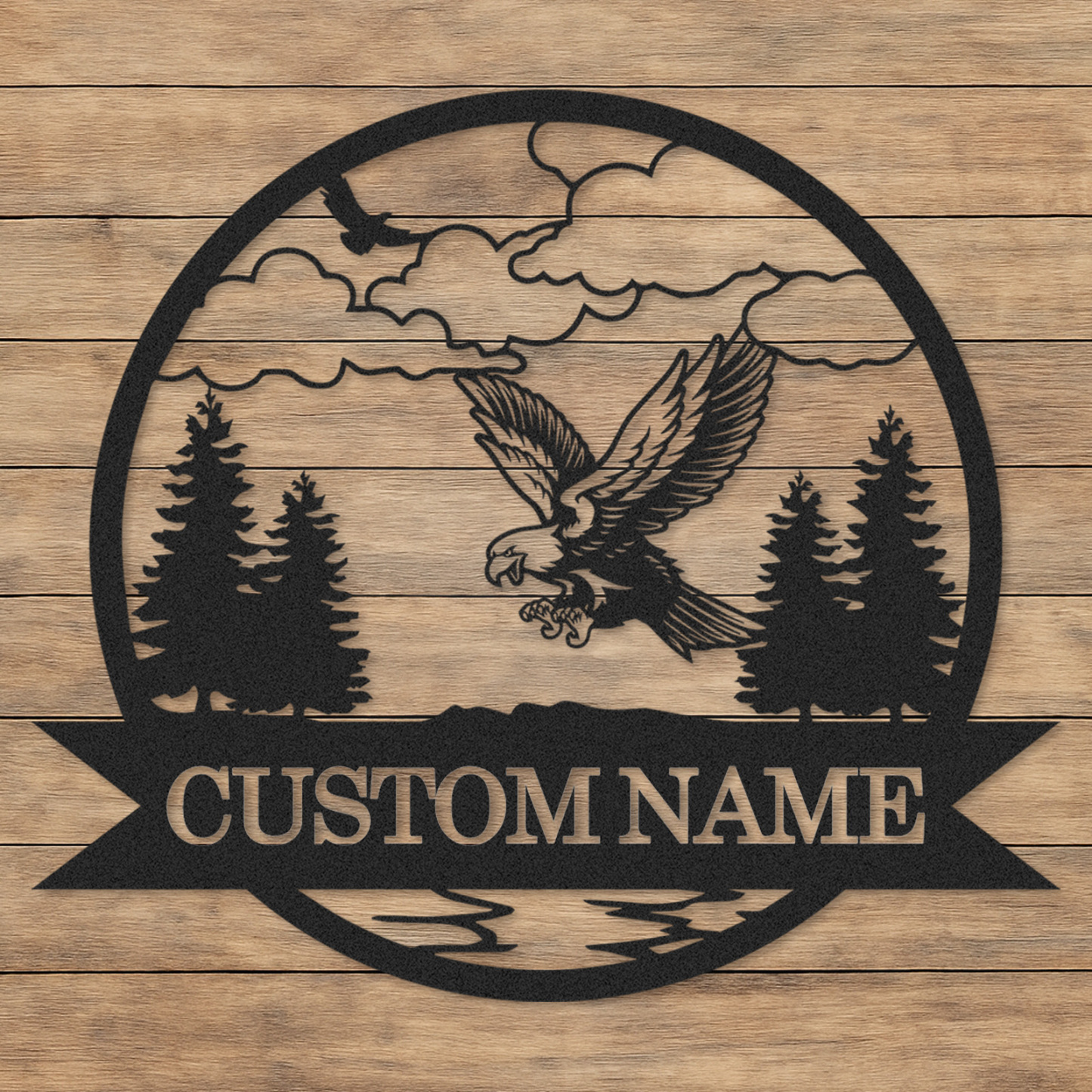 Personalized Eagle Metal Sign, Mountain Lodge Name Plaque, Rustic Forest Scene Decor