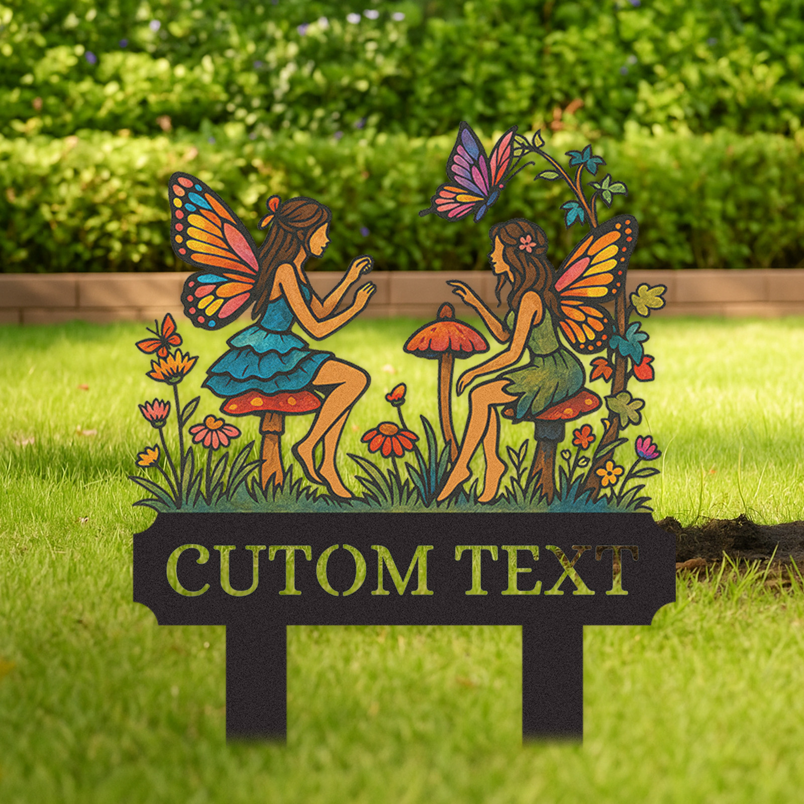 Custom Fairy Garden Sign for Girls, Personalized Metal Yard Stake with Fairies and Mushrooms, Colorful Garden Name Sign for Outdoor Decor, Fairy Garden Gift for Kids