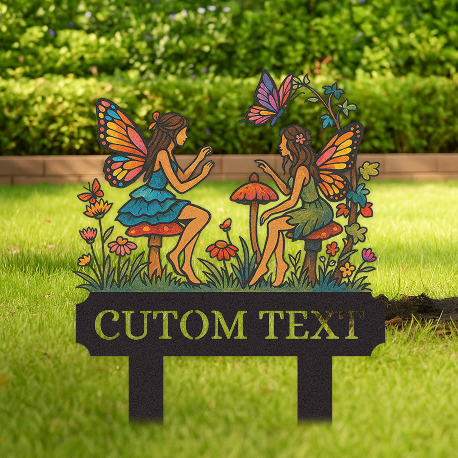 Custom Fairy Garden Sign for Girls, Personalized Metal Yard Stake with Fairies and Mushrooms, Colorful Garden Name Sign for Outdoor Decor, Fairy Garden Gift for Kids