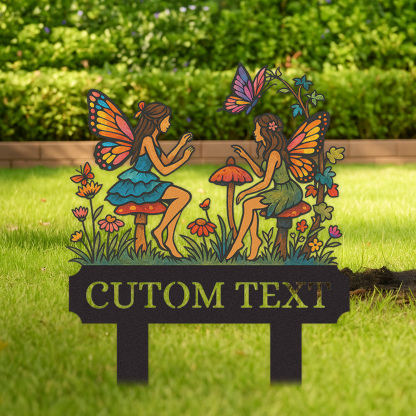 Custom Fairy Garden Sign for Girls, Personalized Metal Yard Stake with Fairies and Mushrooms, Colorful Garden Name Sign for Outdoor Decor, Fairy Garden Gift for Kids