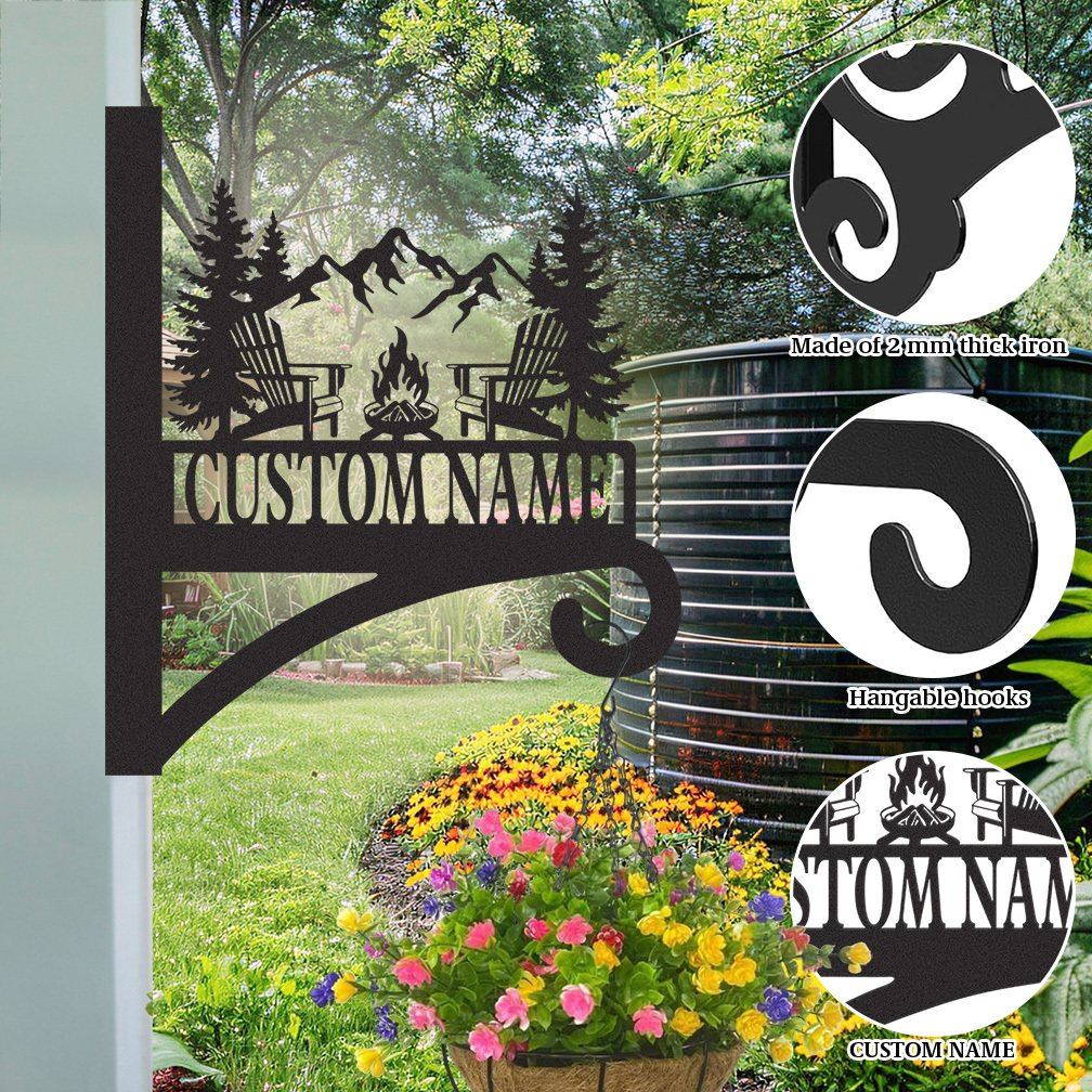 Custom Cabin Fire Pit Wall Hanger, Personalized Mountain Camping Metal Bracket for Hanging Plants, Rustic Farmhouse Outdoor Plant Hook with Custom Name
