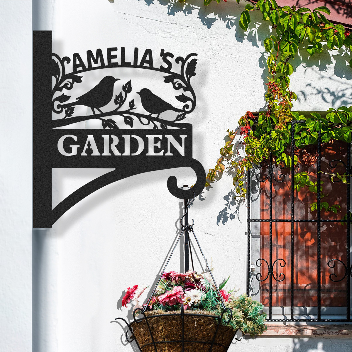 Custom Bird Garden Sign, Personalized Outdoor Metal Garden Hanging Plaque with Name, Wall Mounted Bird Silhouette Garden Decor