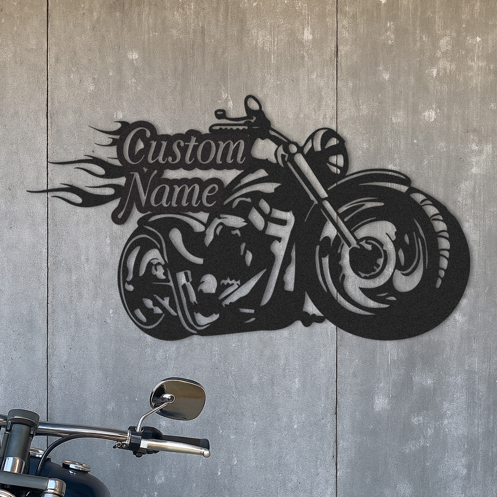 Custom Flame Motorcycle Metal Wall Art, Personalized Chopper Bike Sign for Garage, Biker Bar, Man Cave or Father's Day Gift for Motorcycle Enthusiasts