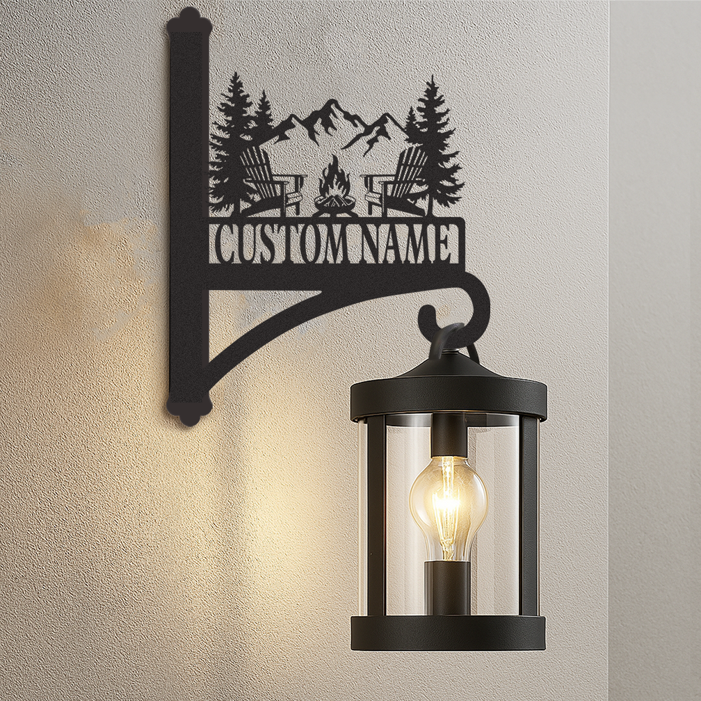 Custom Cabin Fire Pit Wall Hanger, Personalized Mountain Camping Metal Bracket for Hanging Plants, Rustic Farmhouse Outdoor Plant Hook with Custom Name