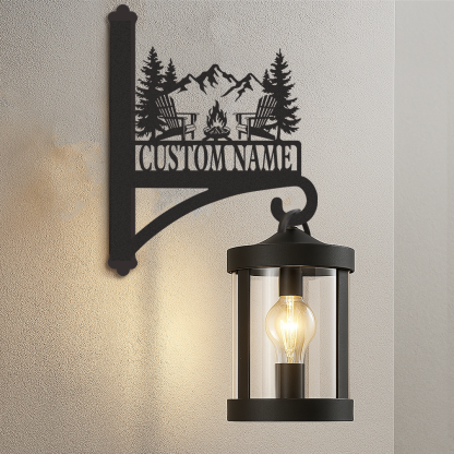 Custom Cabin Fire Pit Wall Hanger, Personalized Mountain Camping Metal Bracket for Hanging Plants, Rustic Farmhouse Outdoor Plant Hook with Custom Name
