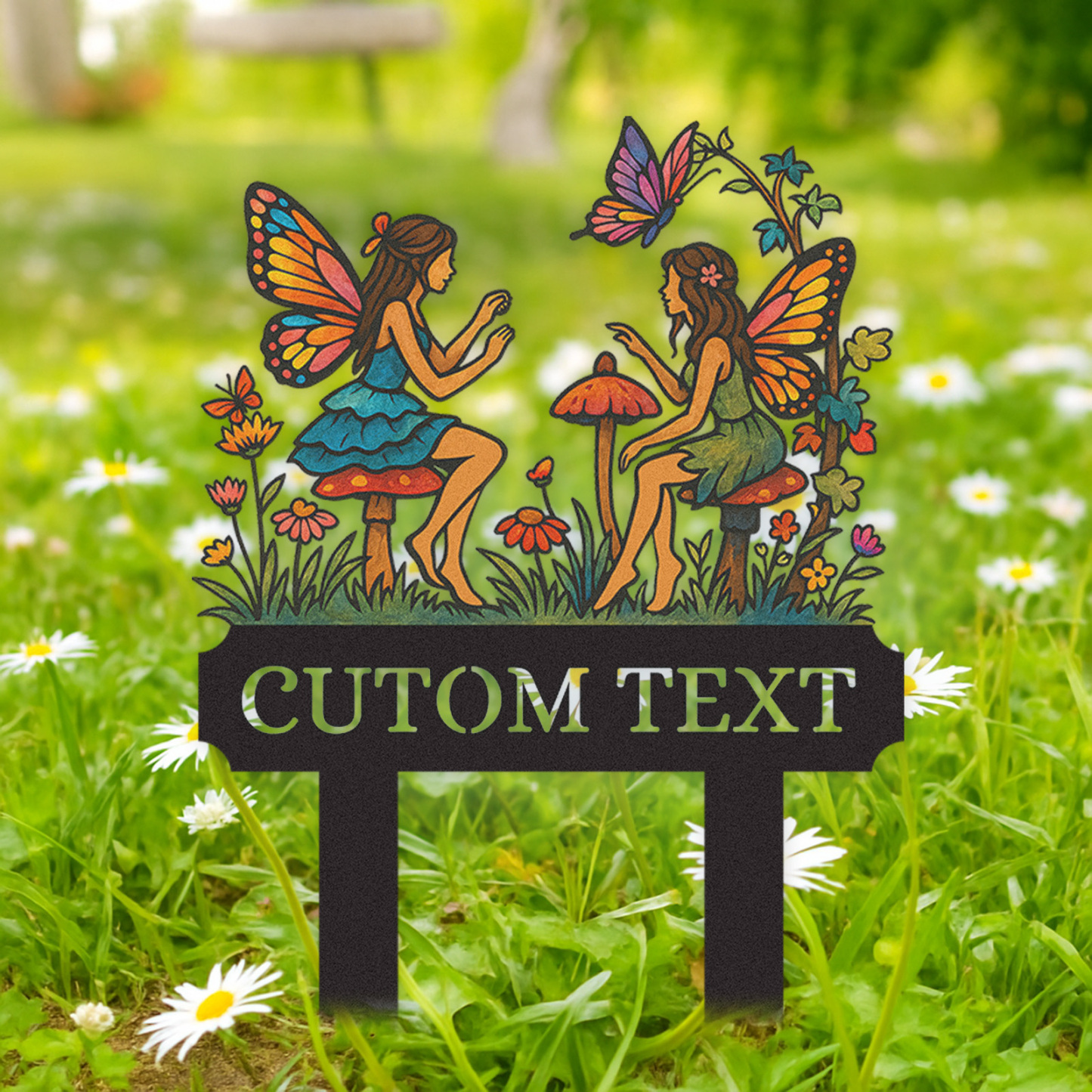 Custom Fairy Garden Sign for Girls, Personalized Metal Yard Stake with Fairies and Mushrooms, Colorful Garden Name Sign for Outdoor Decor, Fairy Garden Gift for Kids