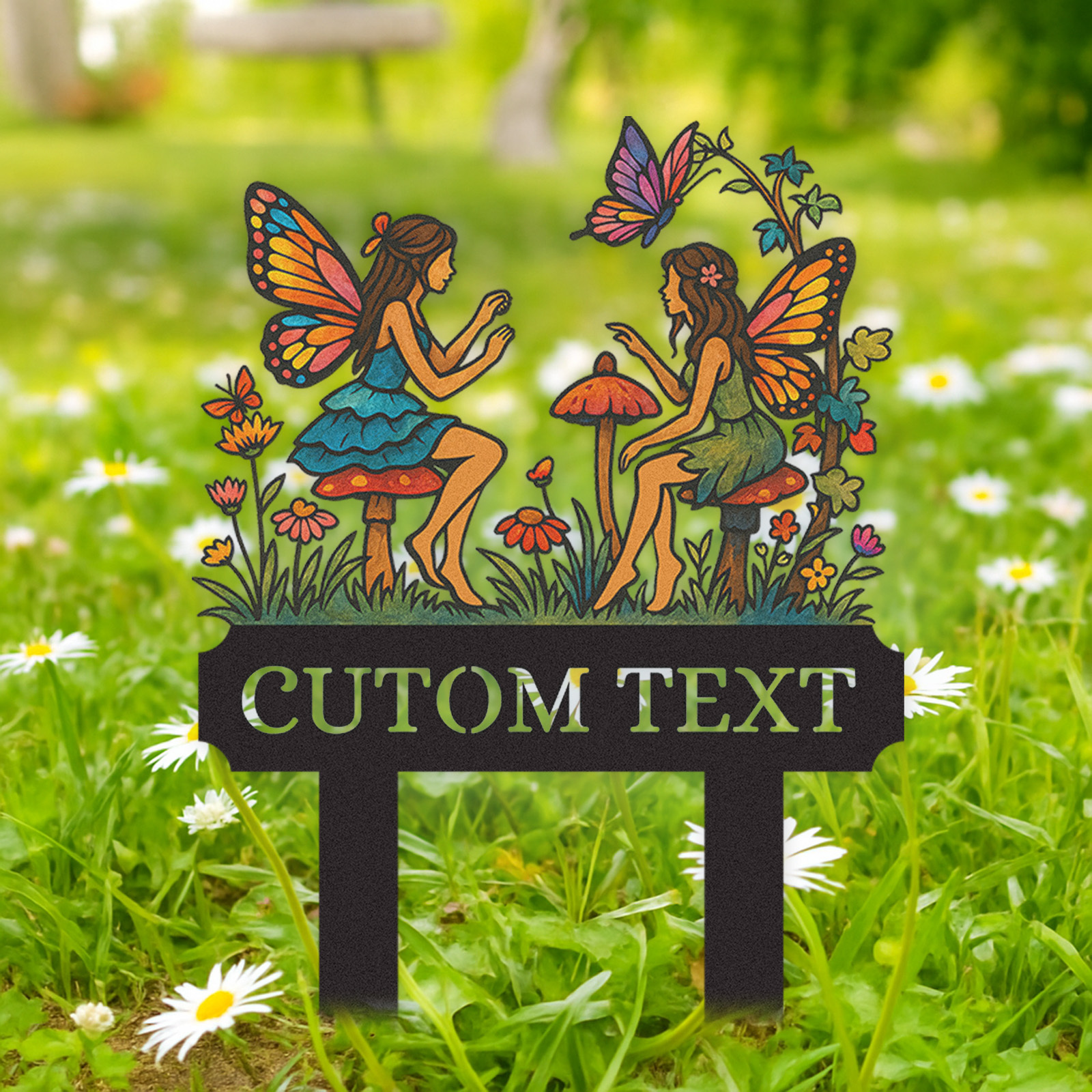 Custom Fairy Garden Sign for Girls, Personalized Metal Yard Stake with Fairies and Mushrooms, Colorful Garden Name Sign for Outdoor Decor, Fairy Garden Gift for Kids