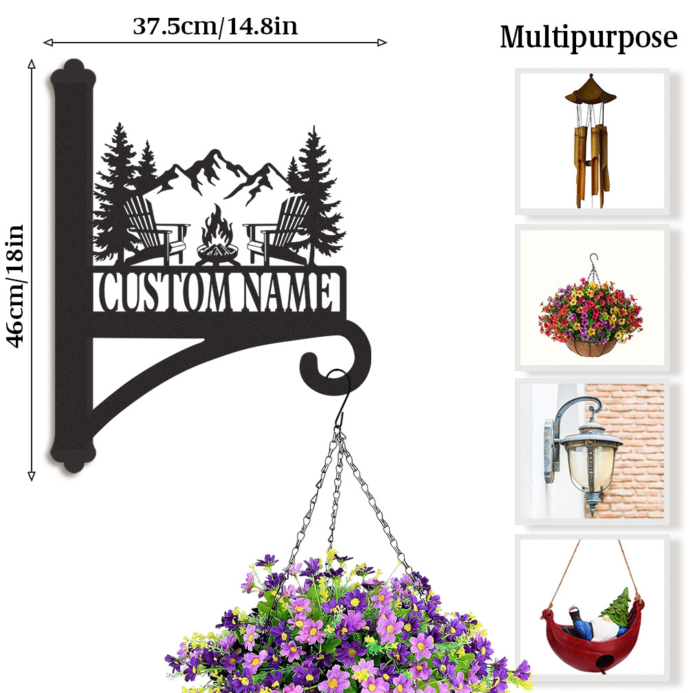Custom Cabin Fire Pit Wall Hanger, Personalized Mountain Camping Metal Bracket for Hanging Plants, Rustic Farmhouse Outdoor Plant Hook with Custom Name