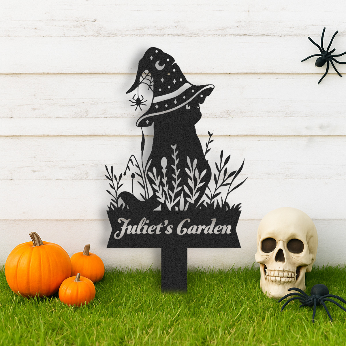 Personalized Black Cat Garden Stake, Custom Halloween Yard Sign, Floral Cat Sign, Metal Porch Decor, Outdoor Halloween Decor, Halloween Gift