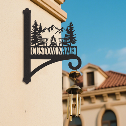 Custom Cabin Fire Pit Wall Hanger, Personalized Mountain Camping Metal Bracket for Hanging Plants, Rustic Farmhouse Outdoor Plant Hook with Custom Name