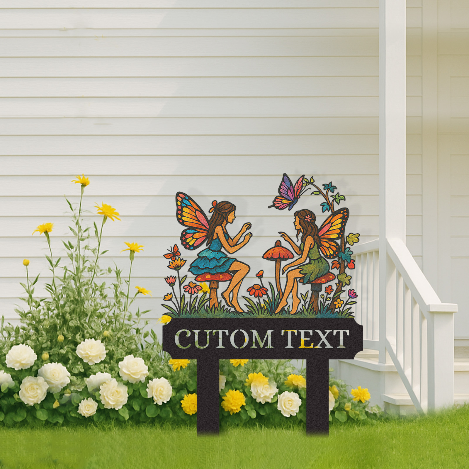 Custom Fairy Garden Sign for Girls, Personalized Metal Yard Stake with Fairies and Mushrooms, Colorful Garden Name Sign for Outdoor Decor, Fairy Garden Gift for Kids