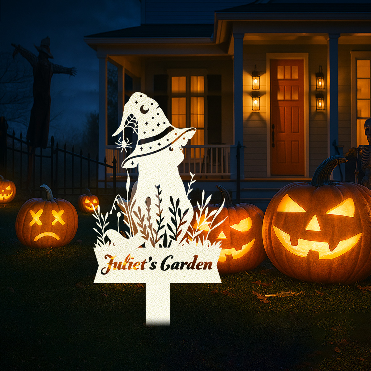 Personalized Black Cat Garden Stake, Custom Halloween Yard Sign, Floral Cat Sign, Metal Porch Decor, Outdoor Halloween Decor, Halloween Gift