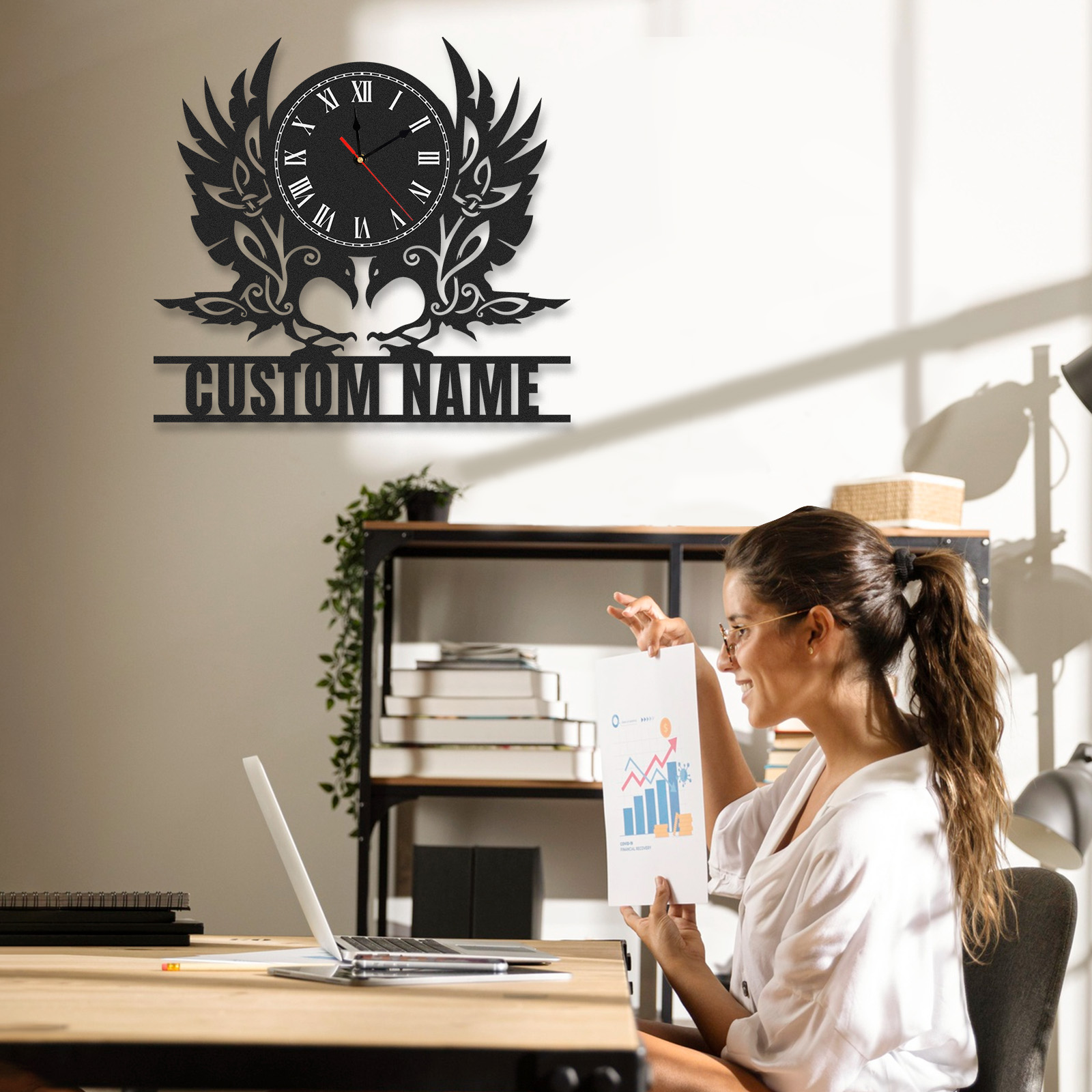 Personalized Eagle Metal Wall Clock with Custom Name, Roman Numeral Vintage Crest Decor, Silent Industrial Wall Art