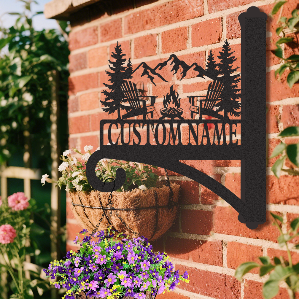 Custom Cabin Fire Pit Wall Hanger, Personalized Mountain Camping Metal Bracket for Hanging Plants, Rustic Farmhouse Outdoor Plant Hook with Custom Name