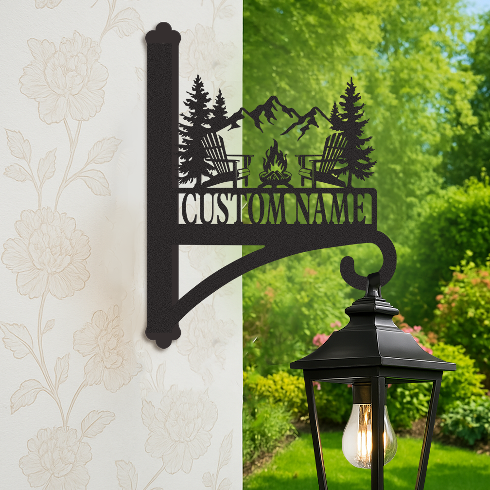 Custom Cabin Fire Pit Wall Hanger, Personalized Mountain Camping Metal Bracket for Hanging Plants, Rustic Farmhouse Outdoor Plant Hook with Custom Name