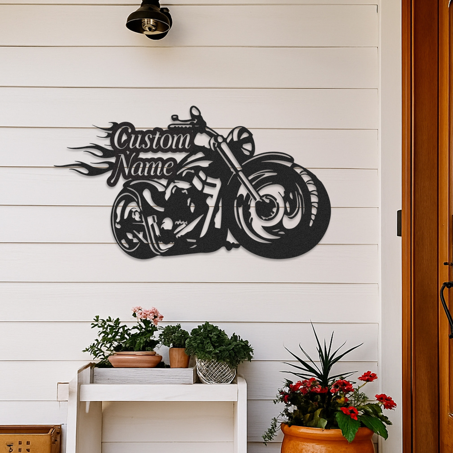 Custom Flame Motorcycle Metal Wall Art, Personalized Chopper Bike Sign for Garage, Biker Bar, Man Cave or Father's Day Gift for Motorcycle Enthusiasts