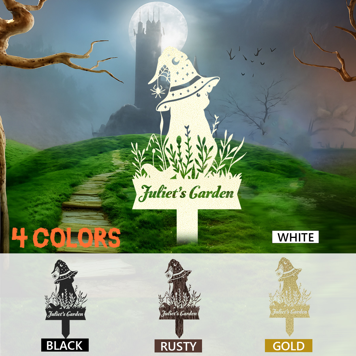 Personalized Black Cat Garden Stake, Custom Halloween Yard Sign, Floral Cat Sign, Metal Porch Decor, Outdoor Halloween Decor, Halloween Gift