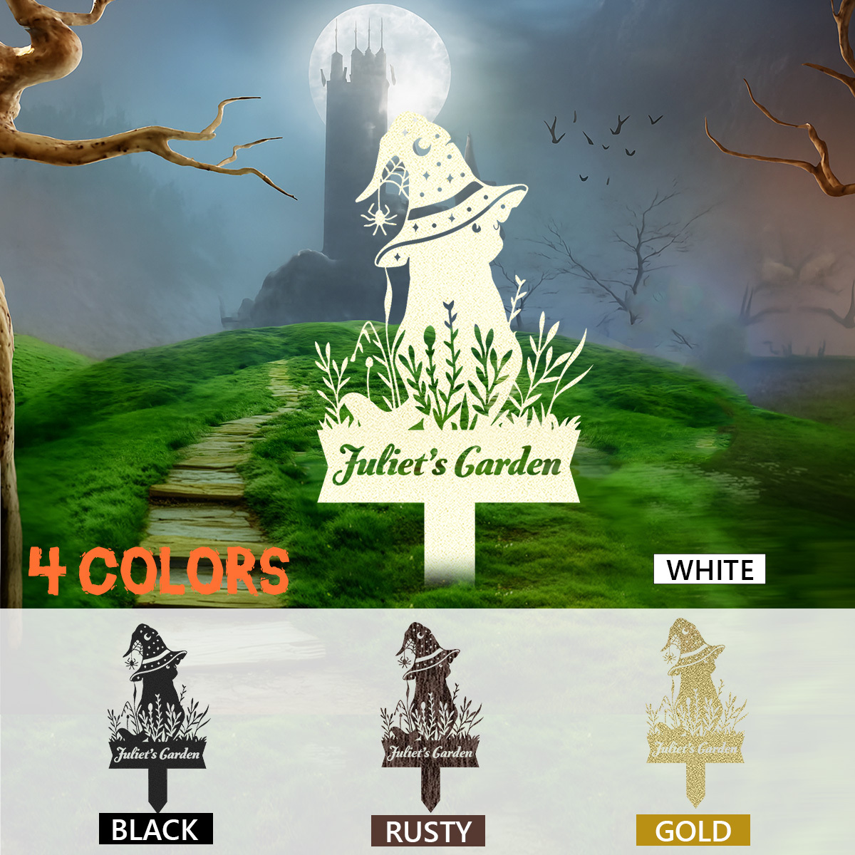 Personalized Black Cat Garden Stake, Custom Halloween Yard Sign, Floral Cat Sign, Metal Porch Decor, Outdoor Halloween Decor, Halloween Gift