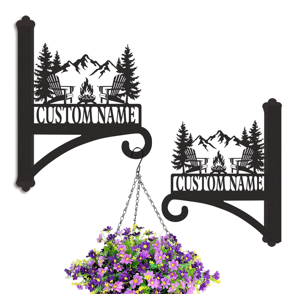 Custom Cabin Fire Pit Wall Hanger, Personalized Mountain Camping Metal Bracket for Hanging Plants, Rustic Farmhouse Outdoor Plant Hook with Custom Name