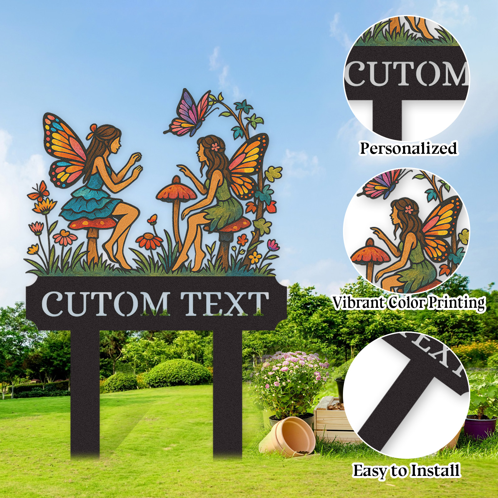 Custom Fairy Garden Sign for Girls, Personalized Metal Yard Stake with Fairies and Mushrooms, Colorful Garden Name Sign for Outdoor Decor, Fairy Garden Gift for Kids