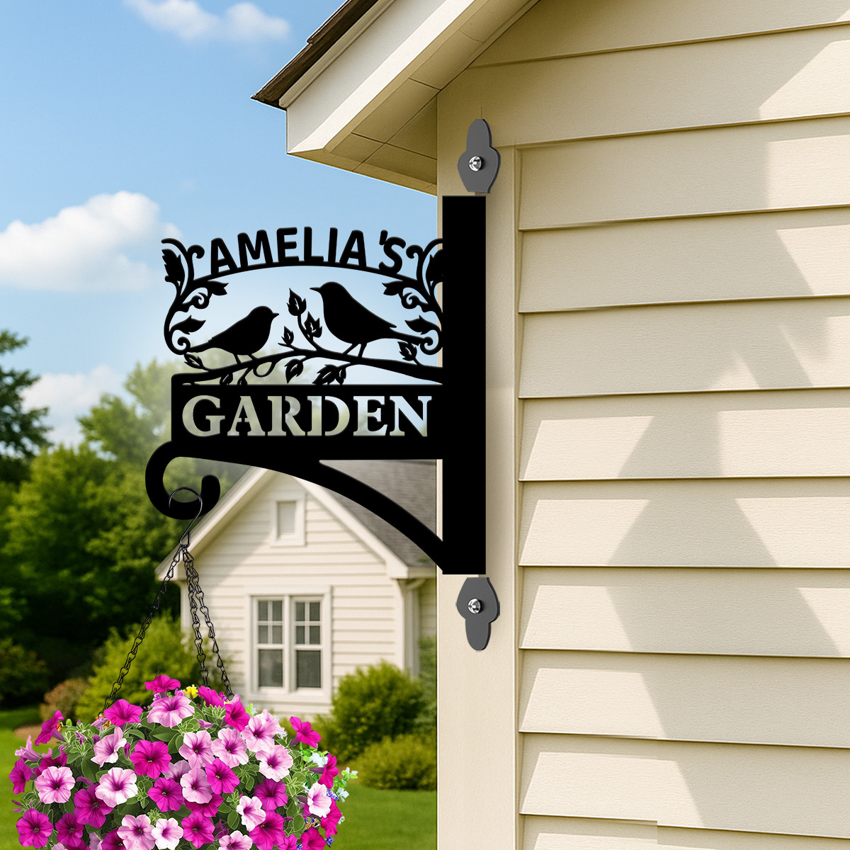 Custom Bird Garden Sign, Personalized Outdoor Metal Garden Hanging Plaque with Name, Wall Mounted Bird Silhouette Garden Decor
