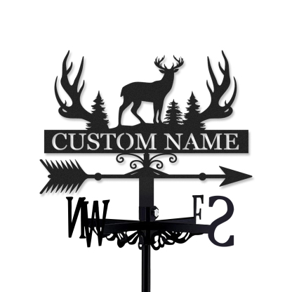Personalized Deer Antler Metal Weather Vane with Custom Name, Rustic Hunting Lodge Roof Wind Direction Indicator Outdoor Decor