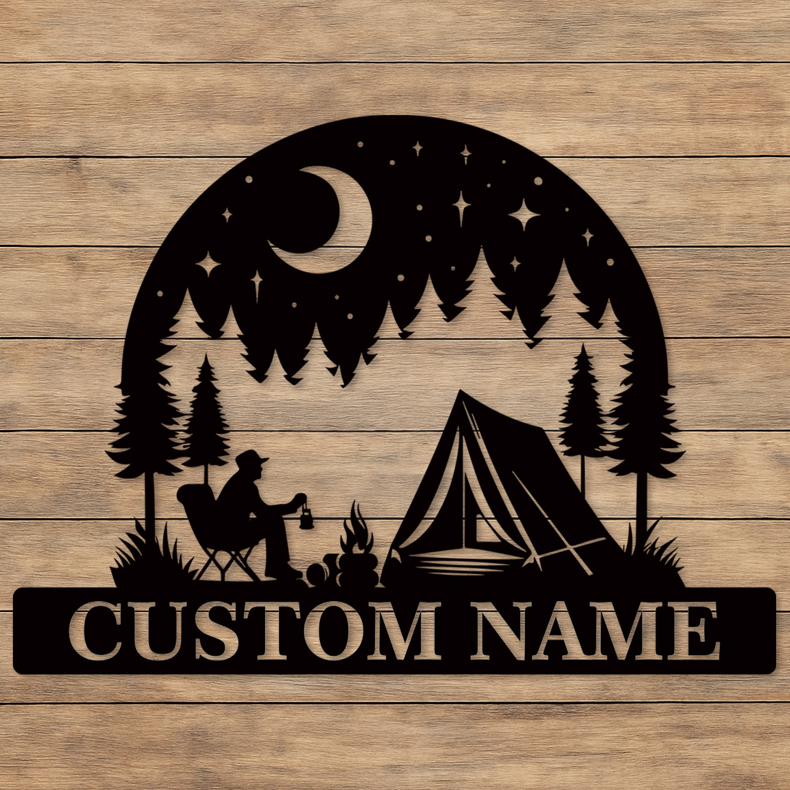 Custom Camping Metal Sign, Personalized Tent and Campfire Wall Art for Outdoor Lovers, Moon and Stars Forest Scene Name Sign