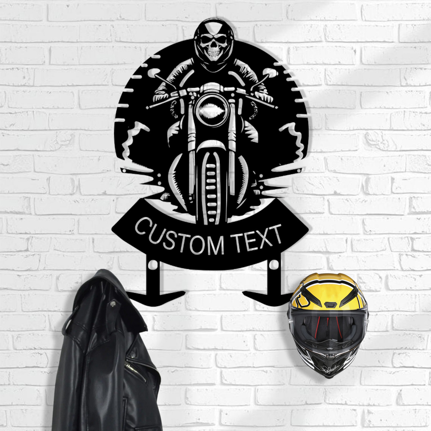 Personalized Skull Motorcycle Helmet Holder Wall Mount, Custom Name Biker Hooks Rack for Helmet Jacket Coat, Custom Speedometer Design Garage Wall Art