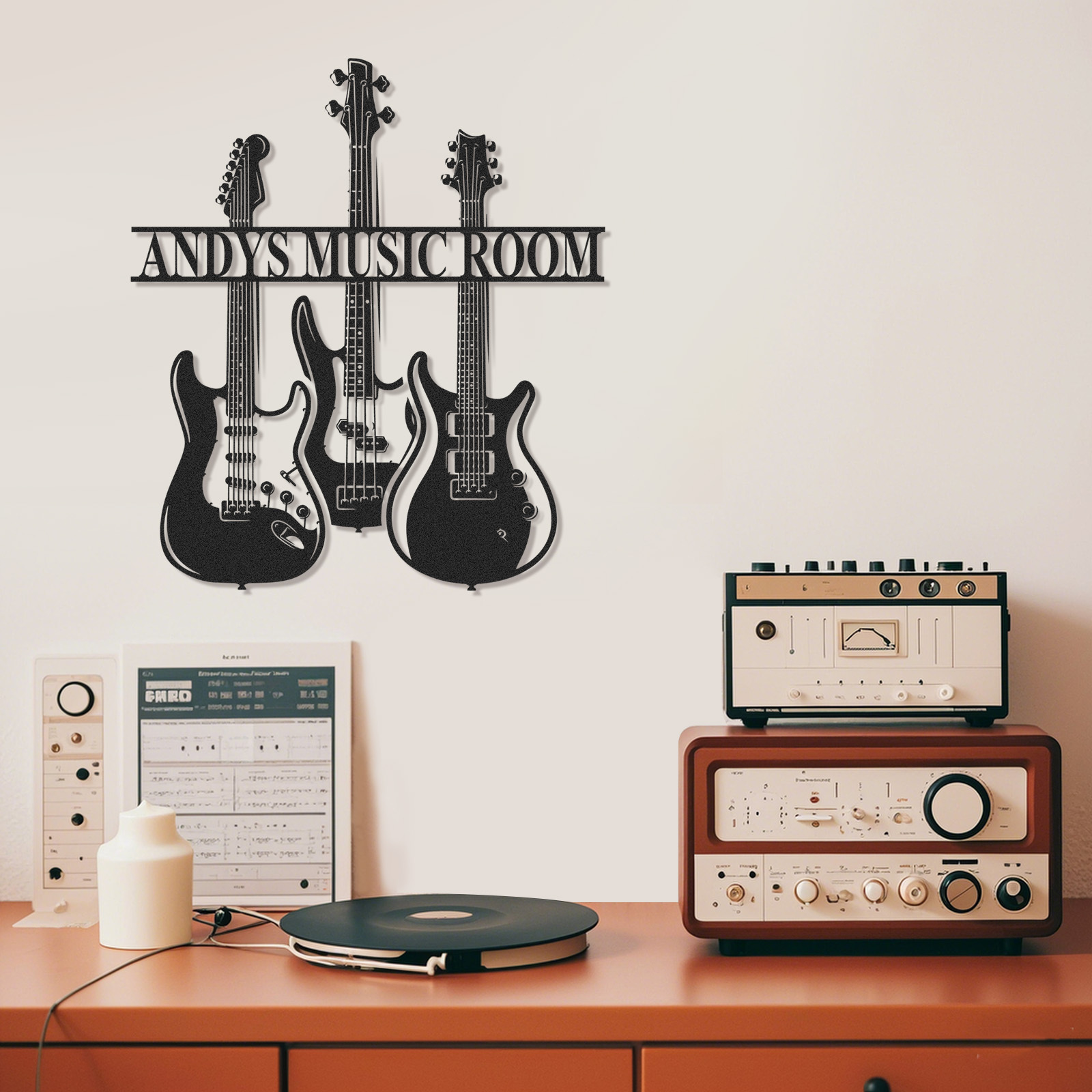 Personalized Guitar Trio Metal Sign, Custom Music Room Wall Art with Three Guitars, Gift for Rock Music Lovers