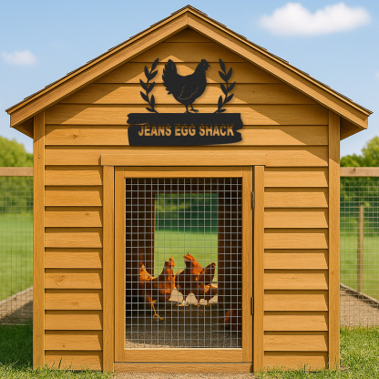 Custom Egg Shack Sign with Hen and Leaf Design, Personalized Chicken Coop Metal Decor for Backyard or Farm