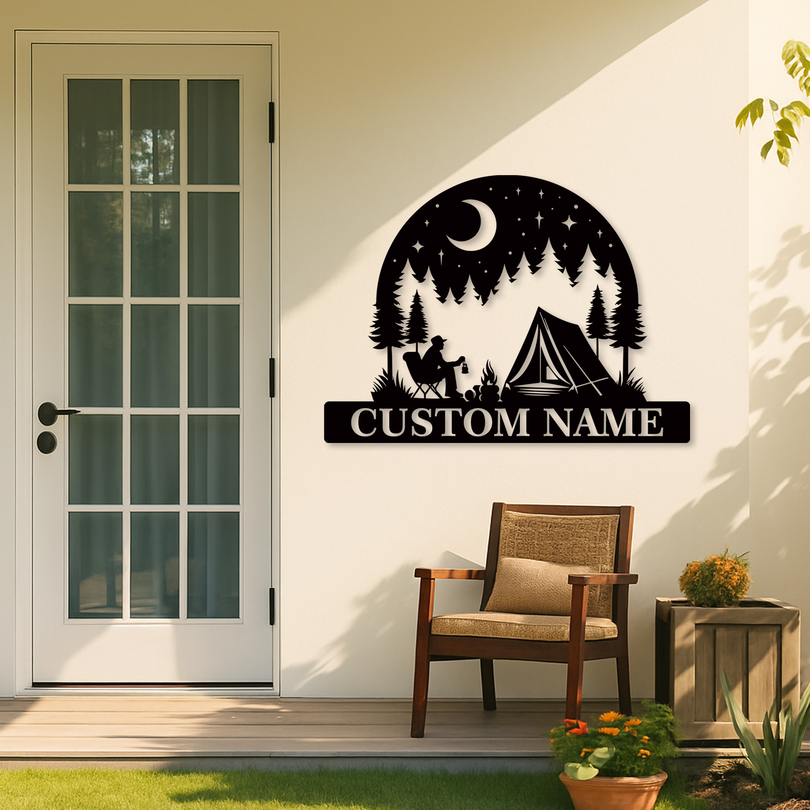Custom Camping Metal Sign, Personalized Tent and Campfire Wall Art for Outdoor Lovers, Moon and Stars Forest Scene Name Sign