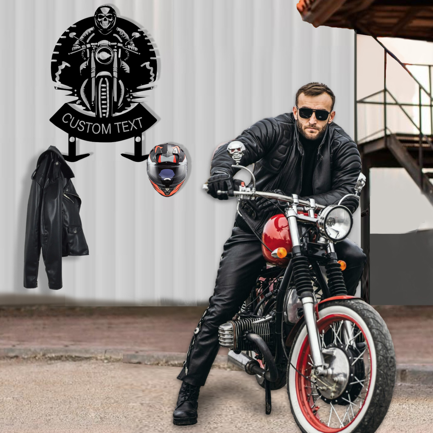 Personalized Skull Motorcycle Helmet Holder Wall Mount, Custom Name Biker Hooks Rack for Helmet Jacket Coat, Custom Speedometer Design Garage Wall Art