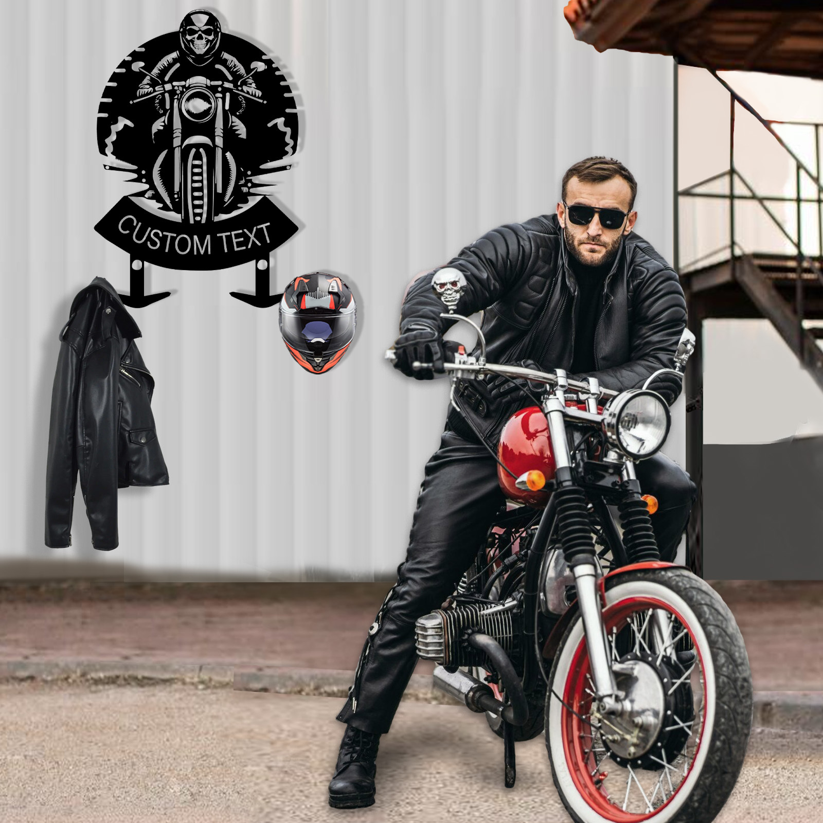 Personalized Skull Motorcycle Helmet Holder Wall Mount, Custom Name Biker Hooks Rack for Helmet Jacket Coat, Custom Speedometer Design Garage Wall Art