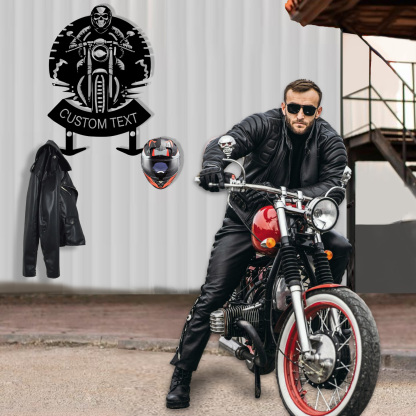 Personalized Skull Motorcycle Helmet Holder Wall Mount, Custom Name Biker Hooks Rack for Helmet Jacket Coat, Custom Speedometer Design Garage Wall Art